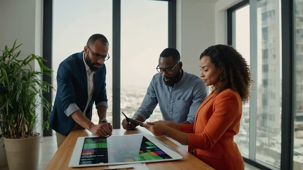 Équipe analysant des données sur une tablette tactile dans un bureau moderne
